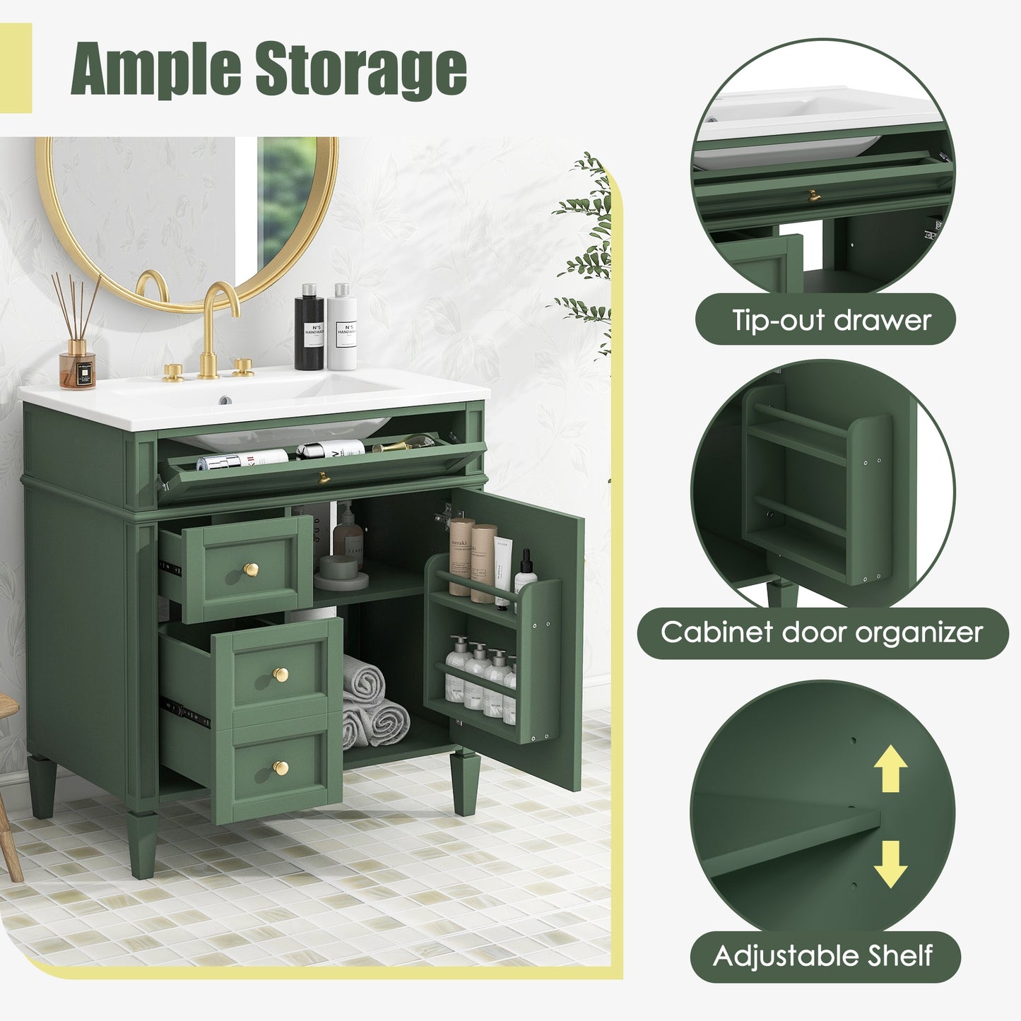 VanityFus 30-in Green Bathroom Vanity Undermount Single Sink Combo with 1 Soft Close Door 3 Drawers Adjustable Shelves