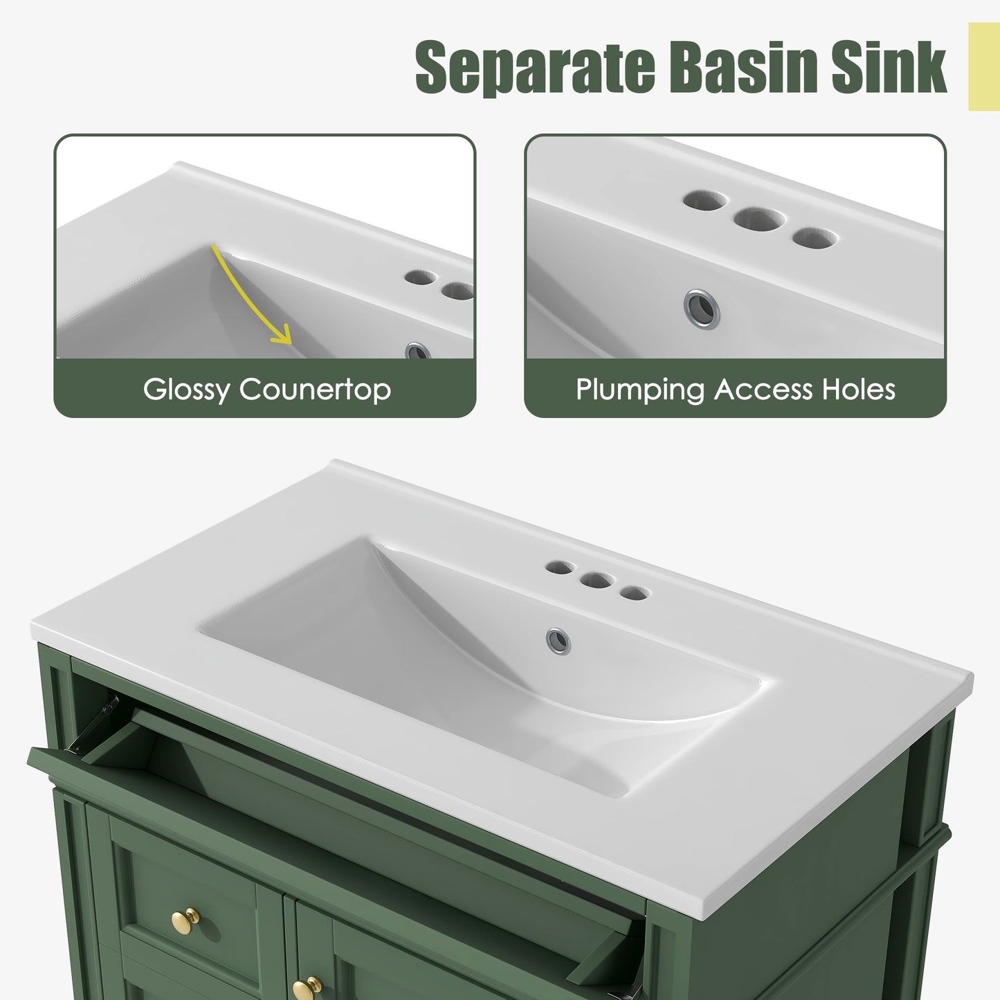 VanityFus 30-in Green Bathroom Vanity Undermount Single Sink Combo with 1 Soft Close Door 3 Drawers Adjustable Shelves