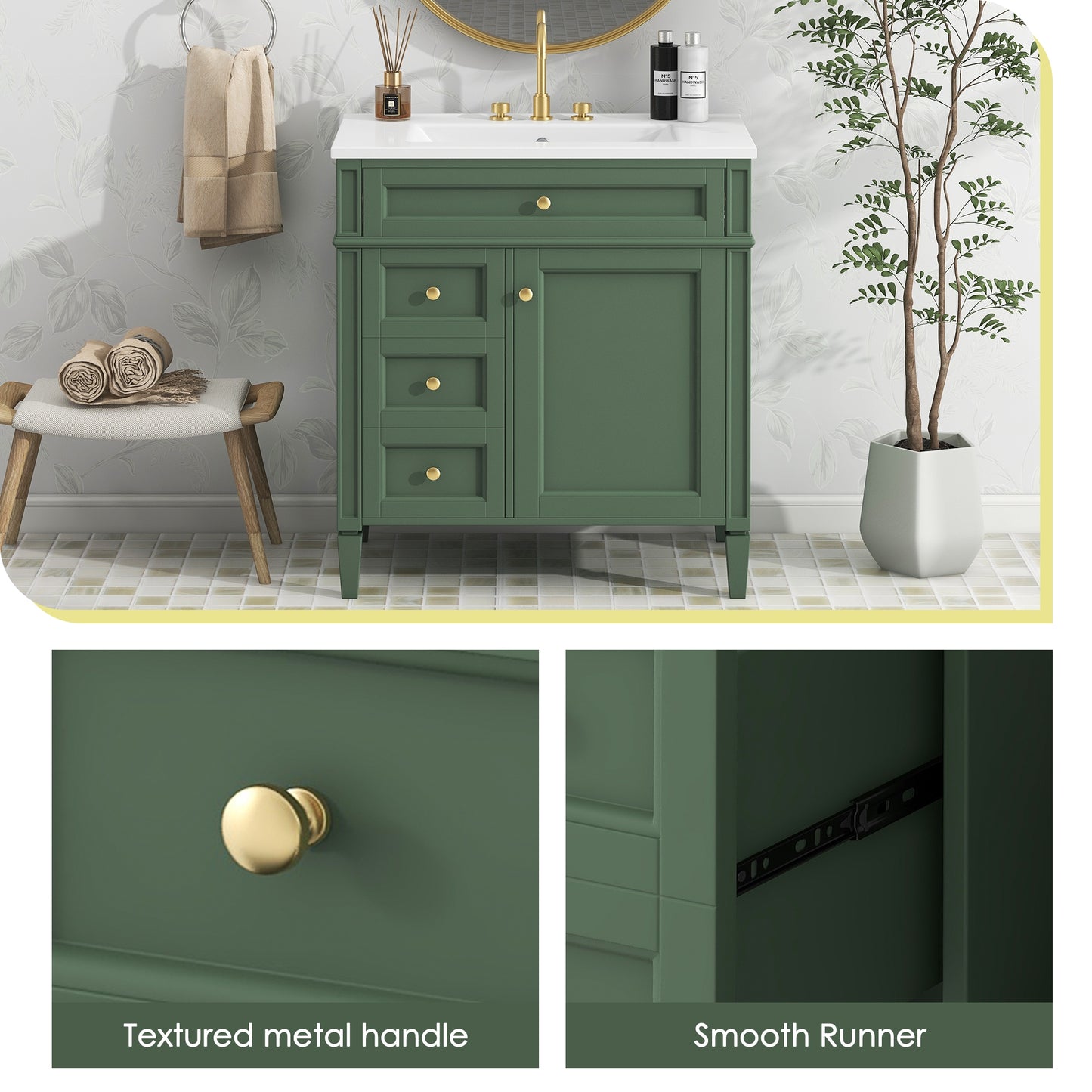 VanityFus 30-in Green Bathroom Vanity Undermount Single Sink Combo with 1 Soft Close Door 3 Drawers Adjustable Shelves