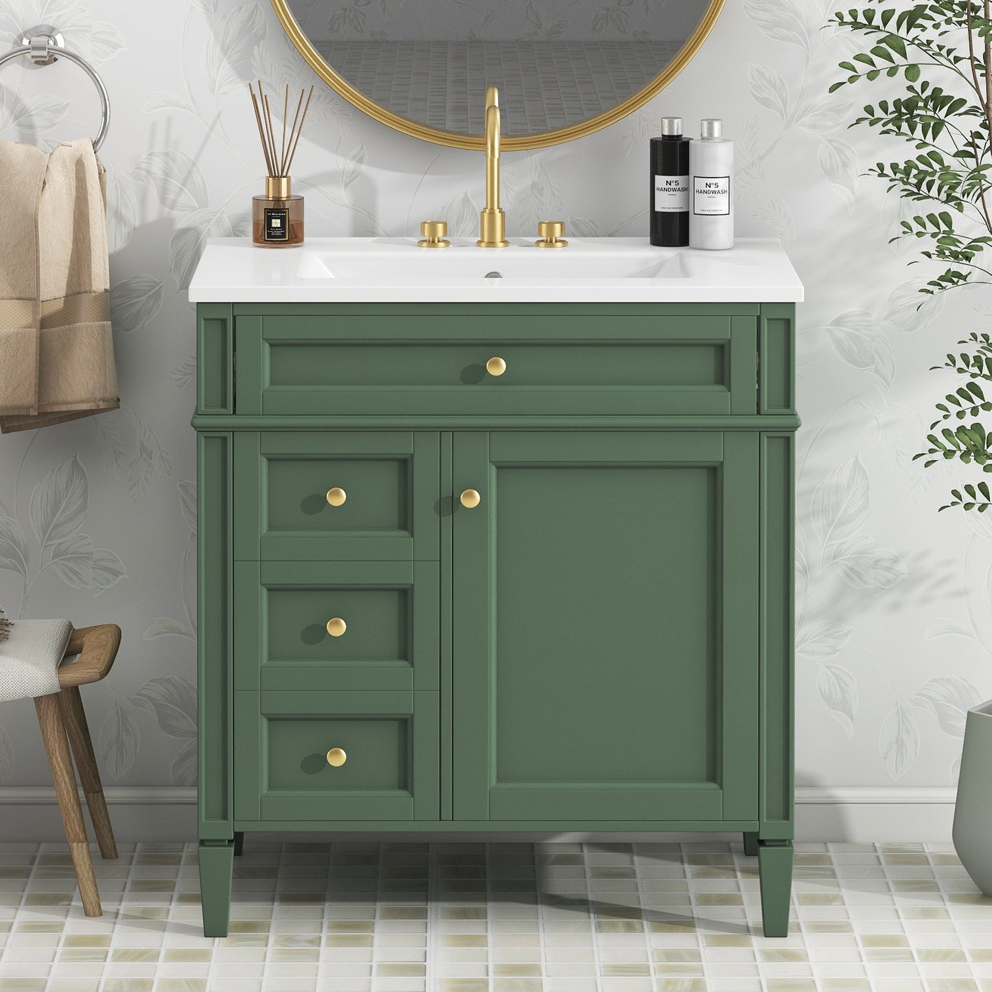 VanityFus 30-in Green Bathroom Vanity Undermount Single Sink Combo with 1 Soft Close Door 3 Drawers Adjustable Shelves