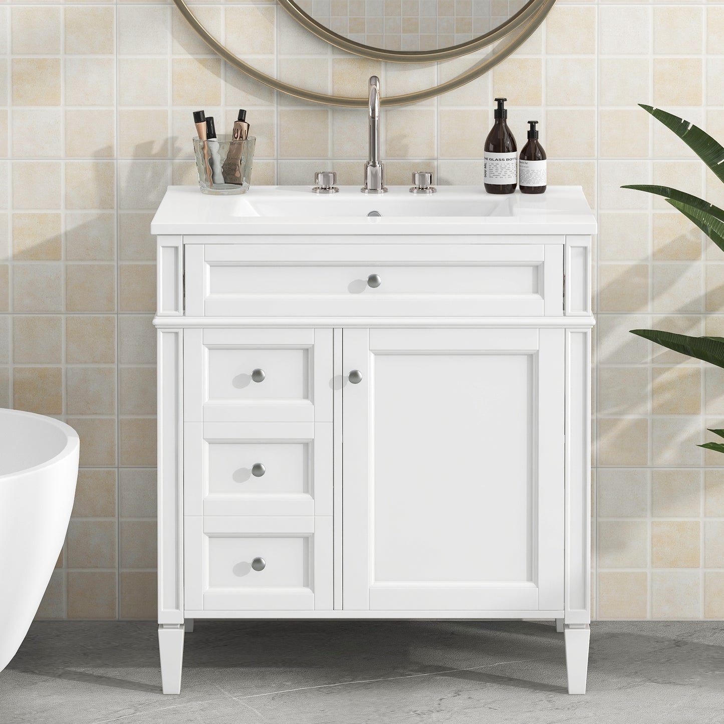 VanityFus 30-in White Bathroom Vanity Single Sink Combo with Ceramic Top Undermount 1 Soft Close Door 3 Drawers Adjustable Shelves