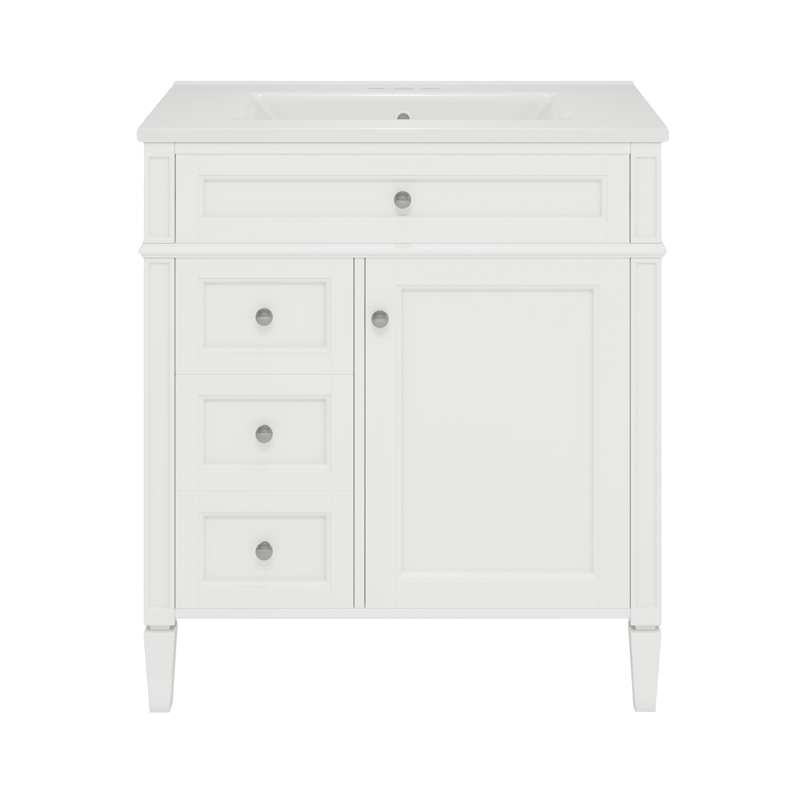 VanityFus 30-in White Bathroom Vanity Single Sink Combo with Ceramic Top Undermount 1 Soft Close Door 3 Drawers Adjustable Shelves