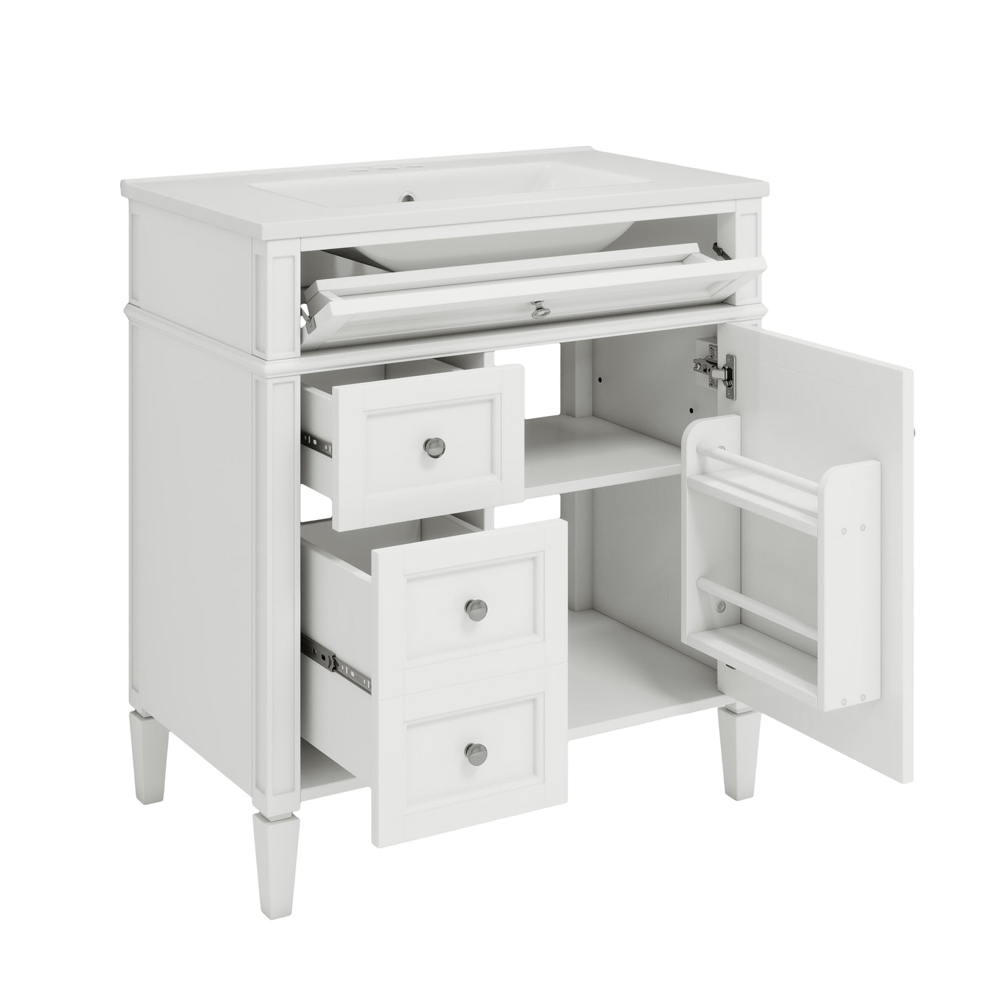 VanityFus 30-in White Bathroom Vanity Single Sink Combo with Ceramic Top Undermount 1 Soft Close Door 3 Drawers Adjustable Shelves