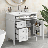 VanityFus 30-in White Bathroom Vanity Single Sink Combo with Ceramic Top Undermount 1 Soft Close Door 3 Drawers Adjustable Shelves