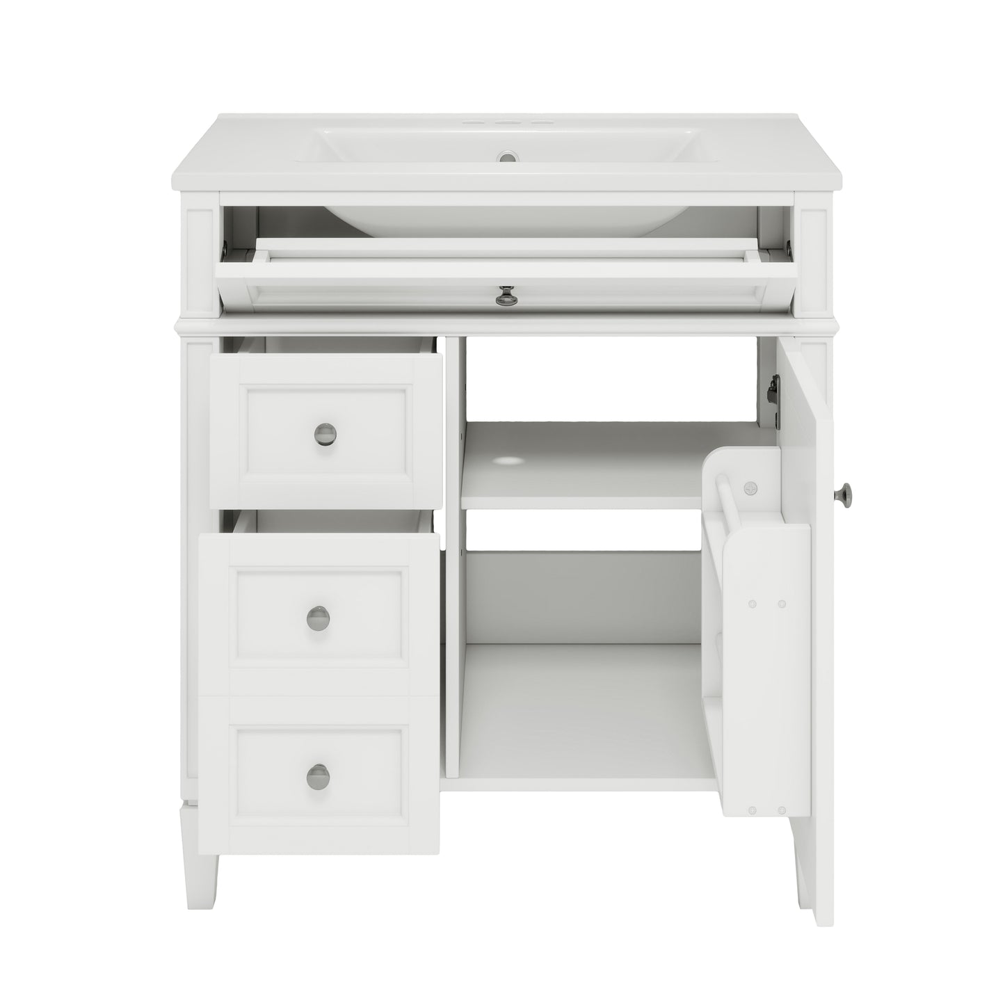 VanityFus 30-in White Bathroom Vanity Single Sink Combo with Ceramic Top Undermount 1 Soft Close Door 3 Drawers Adjustable Shelves