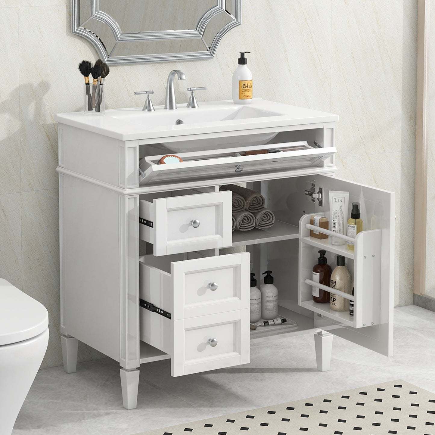 VanityFus 30-in White Bathroom Vanity Single Sink Combo with Ceramic Top Undermount 1 Soft Close Door 3 Drawers Adjustable Shelves