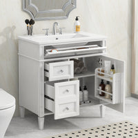 VanityFus 30-in White Bathroom Vanity Single Sink Combo with Ceramic Top Undermount 1 Soft Close Door 3 Drawers Adjustable Shelves