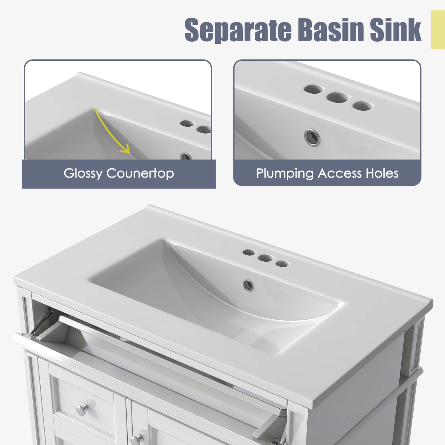 VanityFus 30-in White Bathroom Vanity Single Sink Combo with Ceramic Top Undermount 1 Soft Close Door 3 Drawers Adjustable Shelves