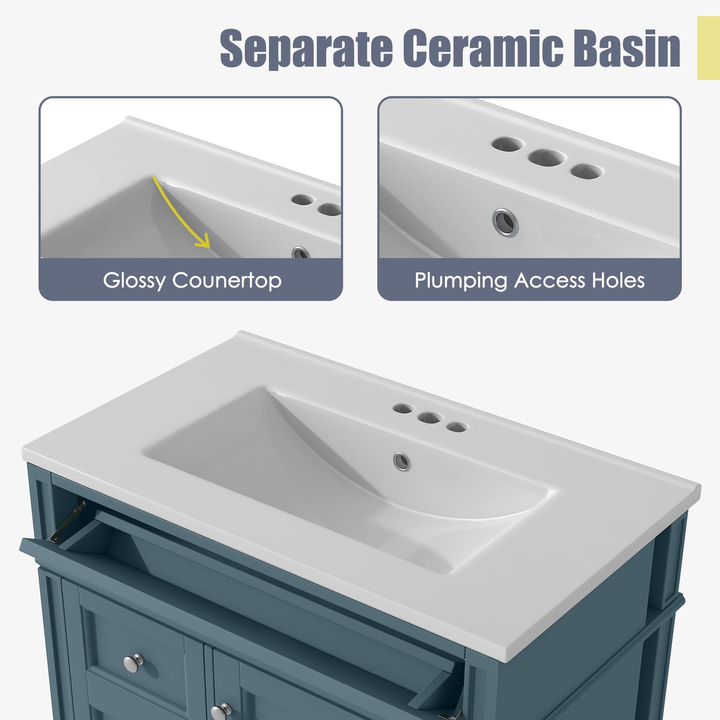 VanityFus 30-in Blue Bathroom Vanity Single Sink Combo with Ceramic Top Undermount 1 Soft Close Door 3 Drawers Adjustable Shelves