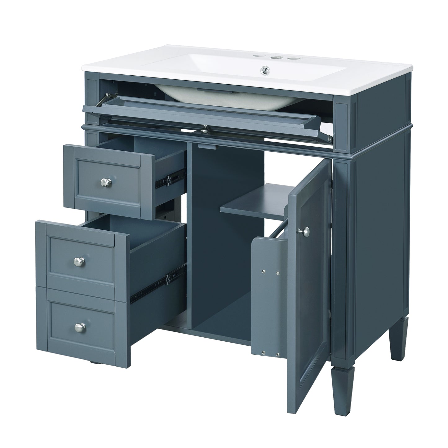 VanityFus 30-in Blue Bathroom Vanity Single Sink Combo with Ceramic Top Undermount 1 Soft Close Door 3 Drawers Adjustable Shelves