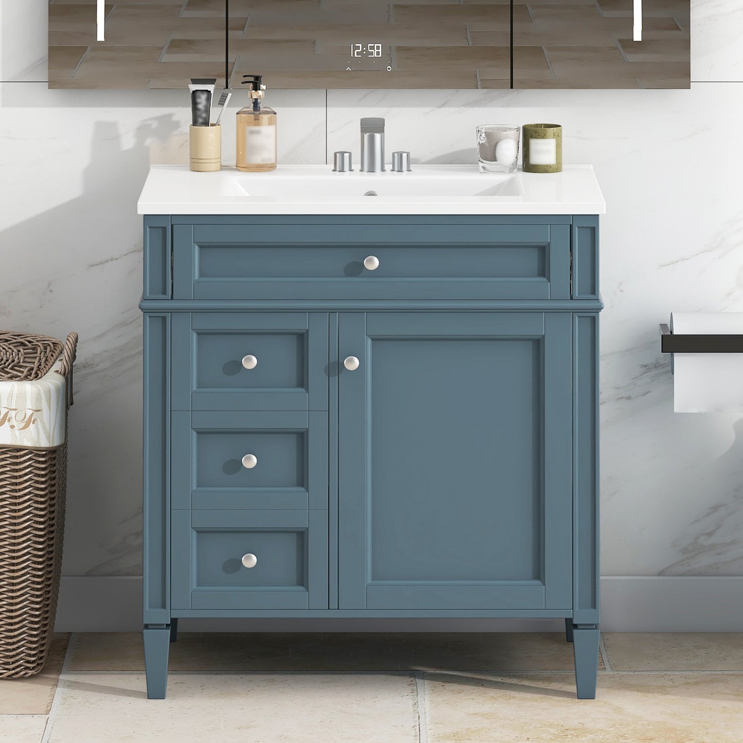 VanityFus 30-in Blue Bathroom Vanity Single Sink Combo with Ceramic Top Undermount 1 Soft Close Door 3 Drawers Adjustable Shelves