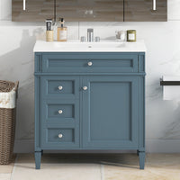 VanityFus 30-in Blue Bathroom Vanity Single Sink Combo with Ceramic Top Undermount 1 Soft Close Door 3 Drawers Adjustable Shelves