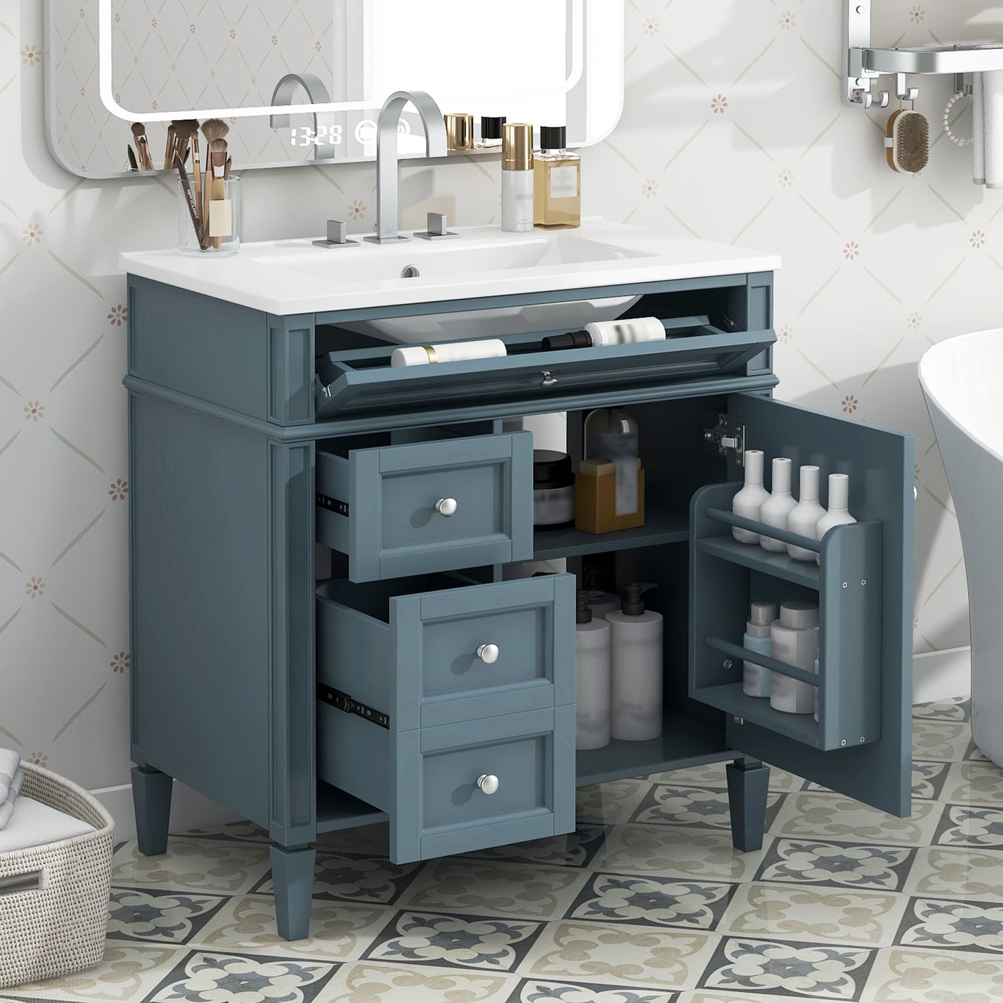 VanityFus 30-in Blue Bathroom Vanity Single Sink Combo with Ceramic Top Undermount 1 Soft Close Door 3 Drawers Adjustable Shelves