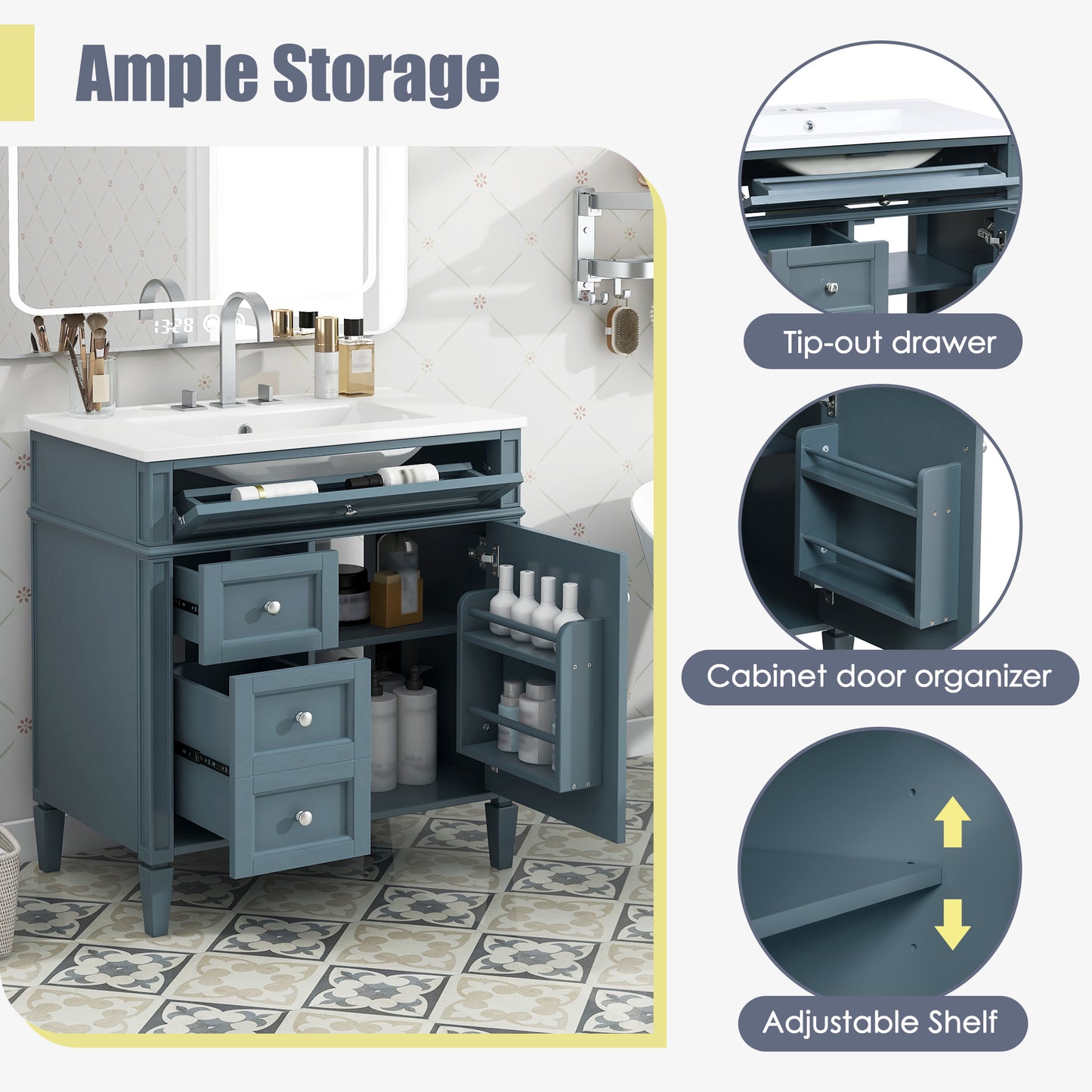 VanityFus 30-in Blue Bathroom Vanity Single Sink Combo with Ceramic Top Undermount 1 Soft Close Door 3 Drawers Adjustable Shelves