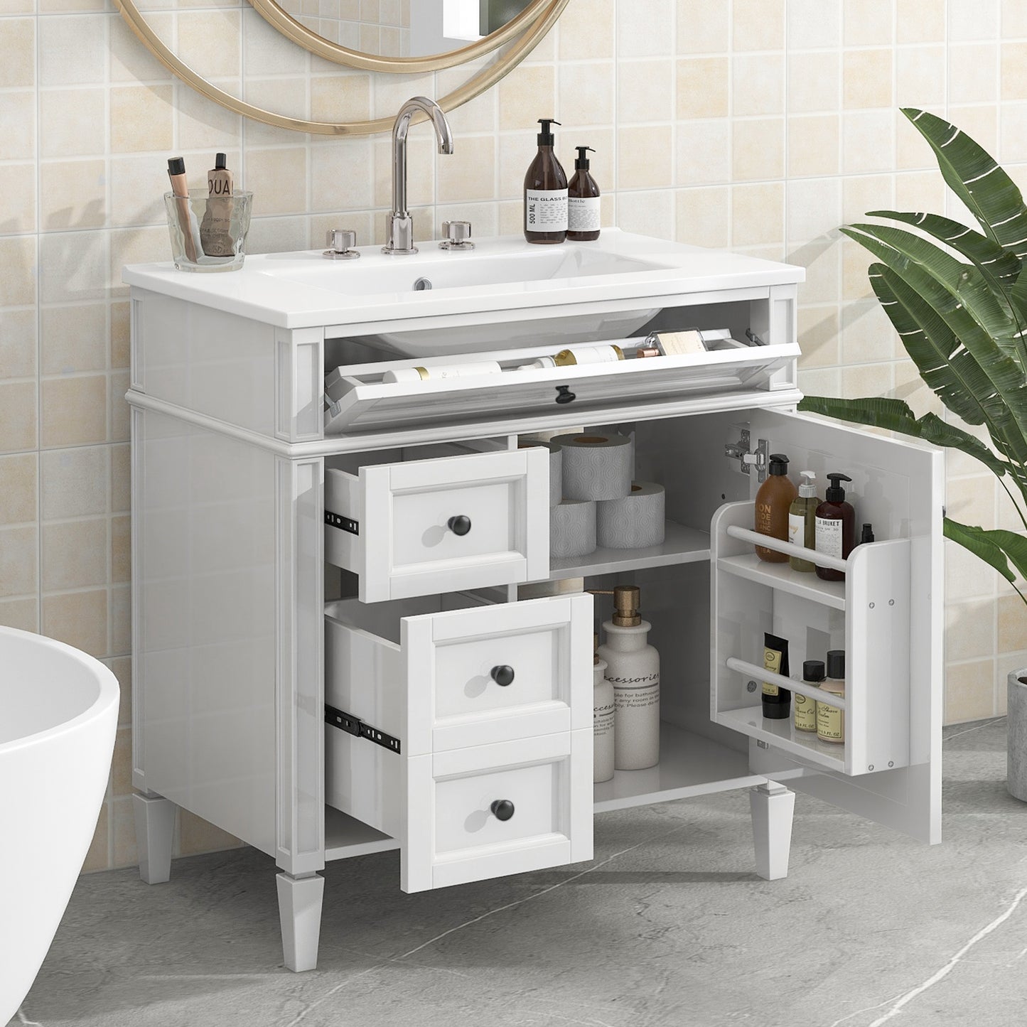 VanityFus 30-in White Bathroom Vanity Single Sink Combo with Ceramic Top Undermount 1 Soft Close Door 3 Drawers Adjustable Shelves