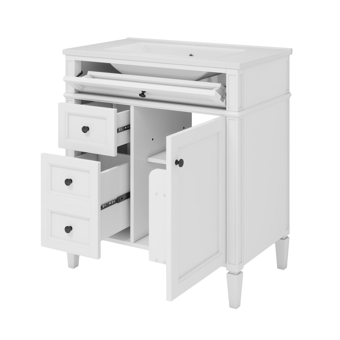 VanityFus 30-in White Bathroom Vanity Single Sink Combo with Ceramic Top Undermount 1 Soft Close Door 3 Drawers Adjustable Shelves