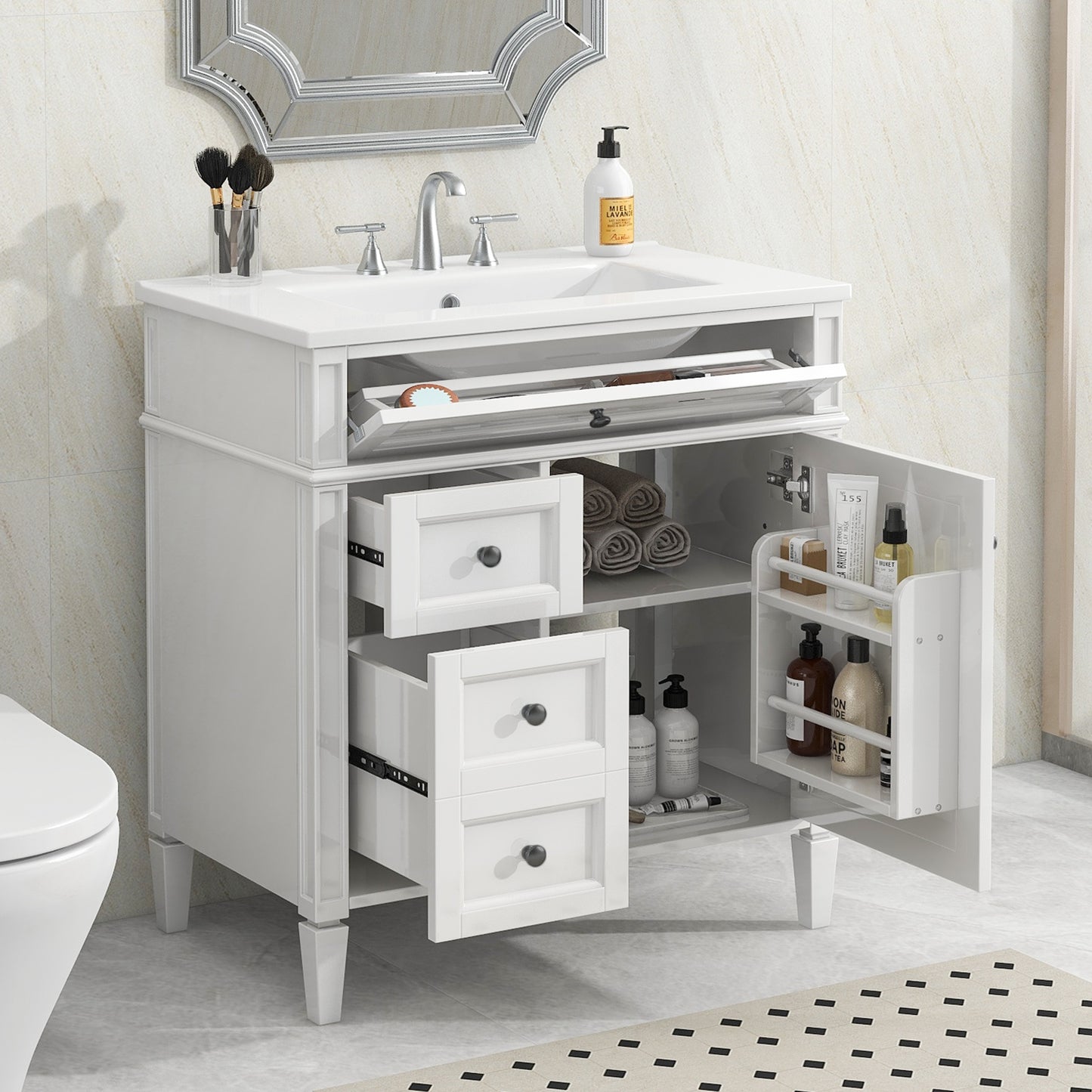 VanityFus 30-in White Bathroom Vanity Single Sink Combo with Ceramic Top Undermount 1 Soft Close Door 3 Drawers Adjustable Shelves
