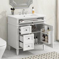 VanityFus 30-in White Bathroom Vanity Single Sink Combo with Ceramic Top Undermount 1 Soft Close Door 3 Drawers Adjustable Shelves