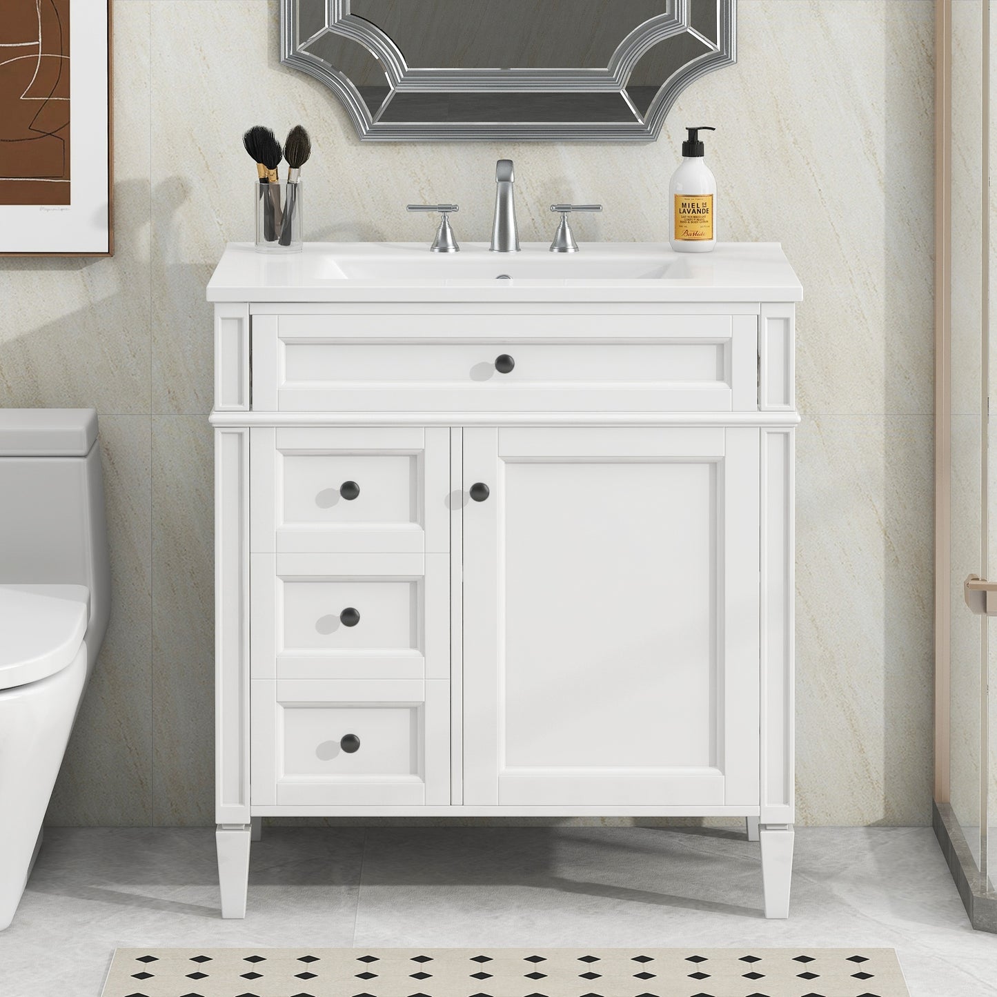 VanityFus 30-in White Bathroom Vanity Single Sink Combo with Ceramic Top Undermount 1 Soft Close Door 3 Drawers Adjustable Shelves