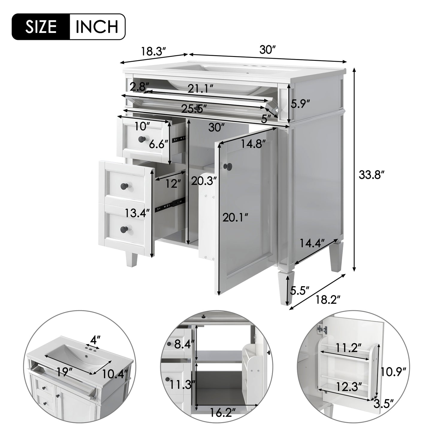 VanityFus 30-in White Bathroom Vanity Single Sink Combo with Ceramic Top Undermount 1 Soft Close Door 3 Drawers Adjustable Shelves