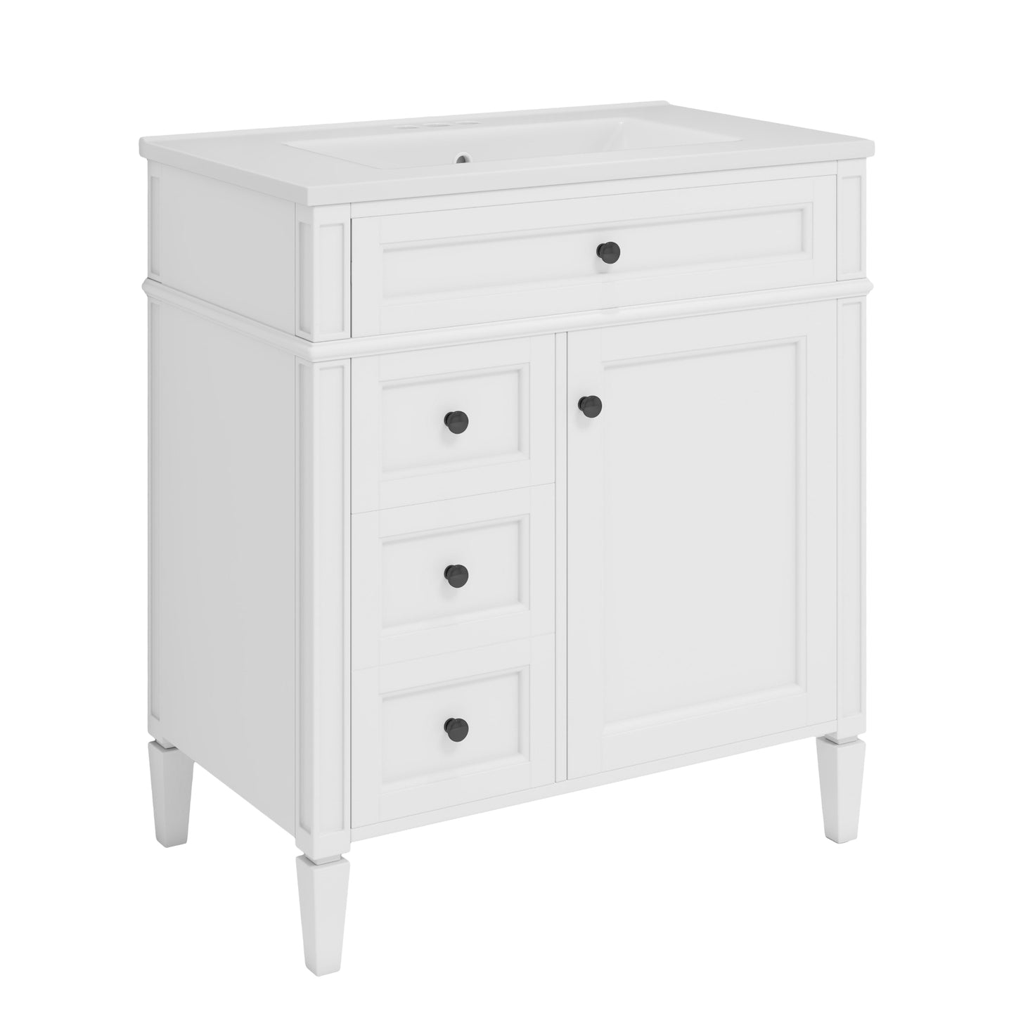 VanityFus 30-in White Bathroom Vanity Single Sink Combo with Ceramic Top Undermount 1 Soft Close Door 3 Drawers Adjustable Shelves