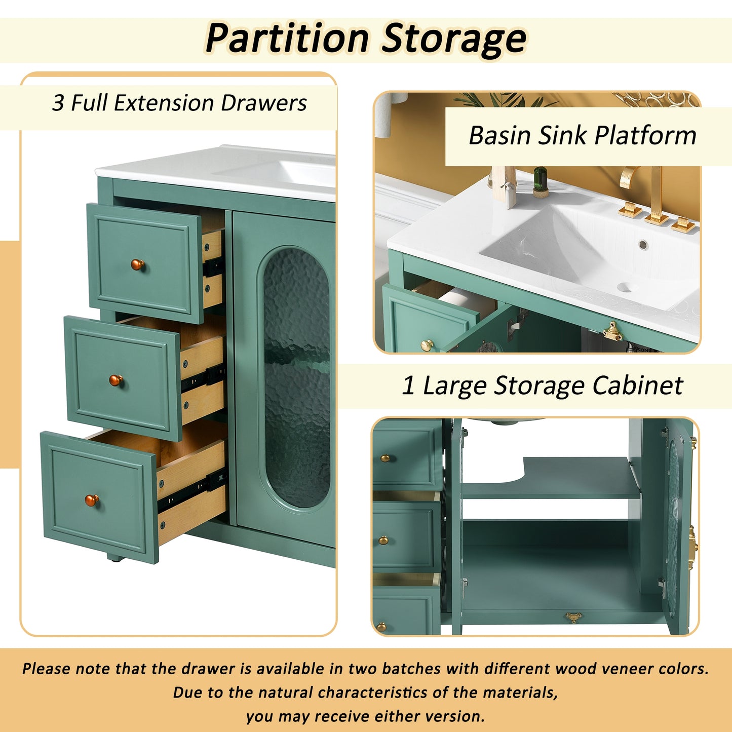 VanityFus 36-in Green Bathroom Vanity Single Sink Combo with Ceramic Top Undermount 2 Soft Close Doors 3 Drawers