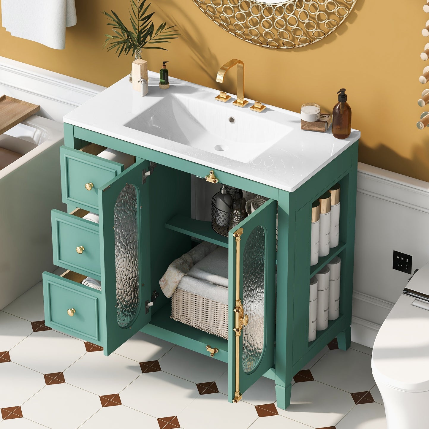 VanityFus 36-in Green Bathroom Vanity Single Sink Combo with Ceramic Top Undermount 2 Soft Close Doors 3 Drawers