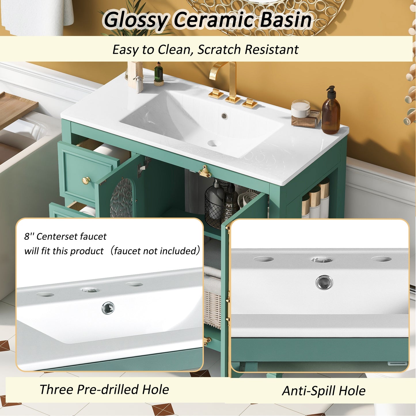 VanityFus 36-in Green Bathroom Vanity Single Sink Combo with Ceramic Top Undermount 2 Soft Close Doors 3 Drawers
