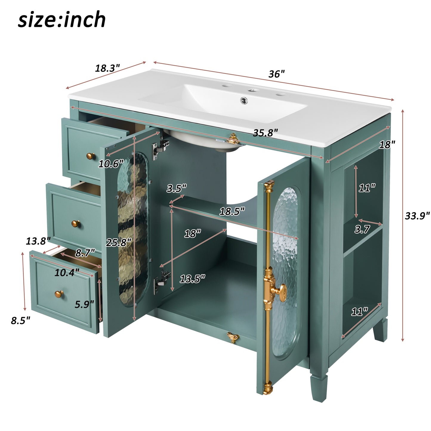 VanityFus 36-in Green Bathroom Vanity Single Sink Combo with Ceramic Top Undermount 2 Soft Close Doors 3 Drawers