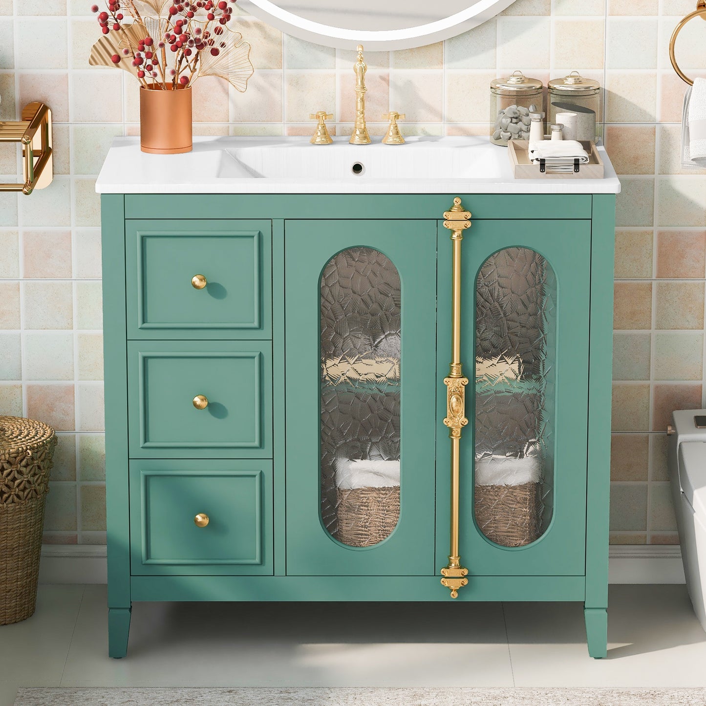 VanityFus 36-in Green Bathroom Vanity Single Sink Combo with Ceramic Top Undermount 2 Soft Close Doors 3 Drawers