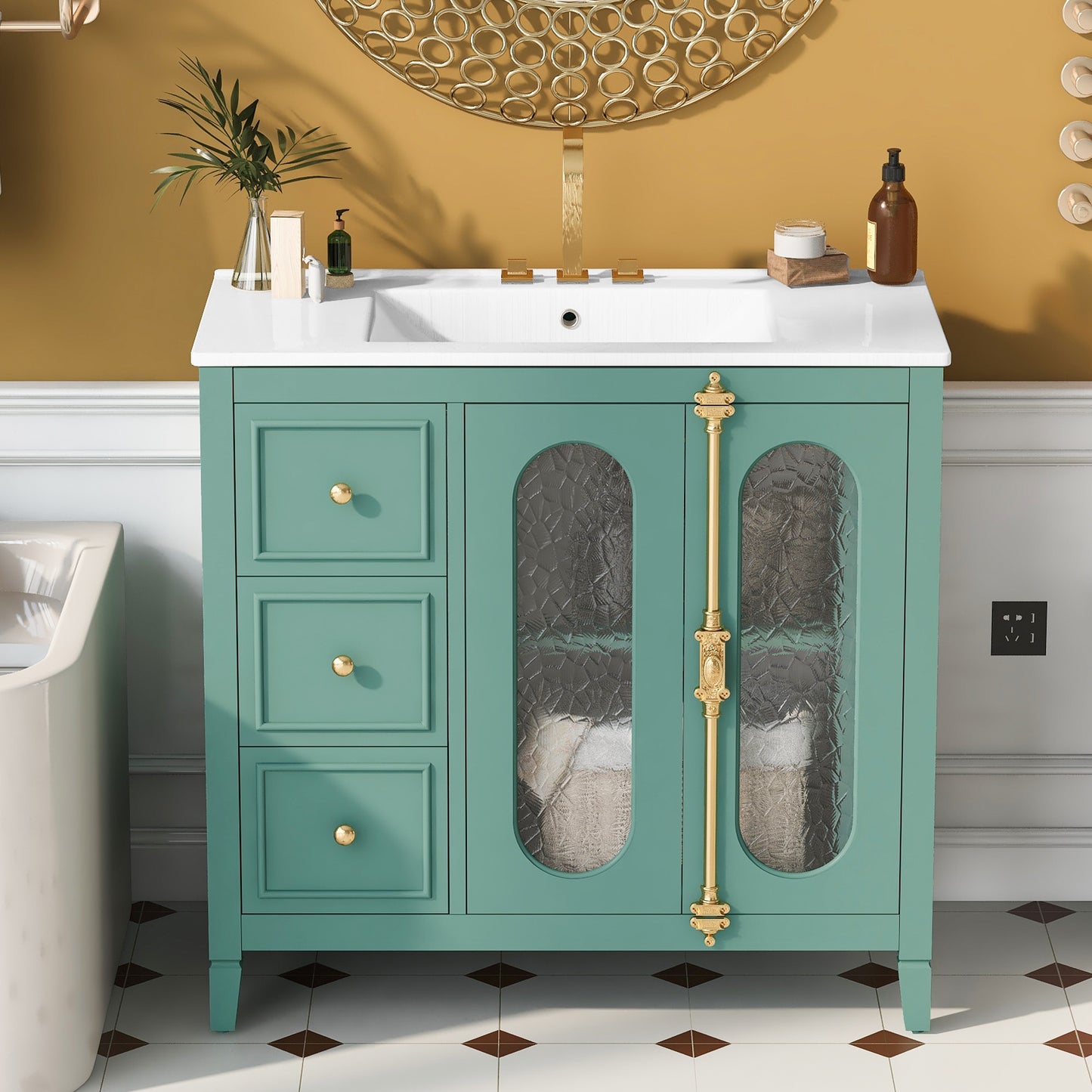VanityFus 36-in Green Bathroom Vanity Single Sink Combo with Ceramic Top Undermount 2 Soft Close Doors 3 Drawers