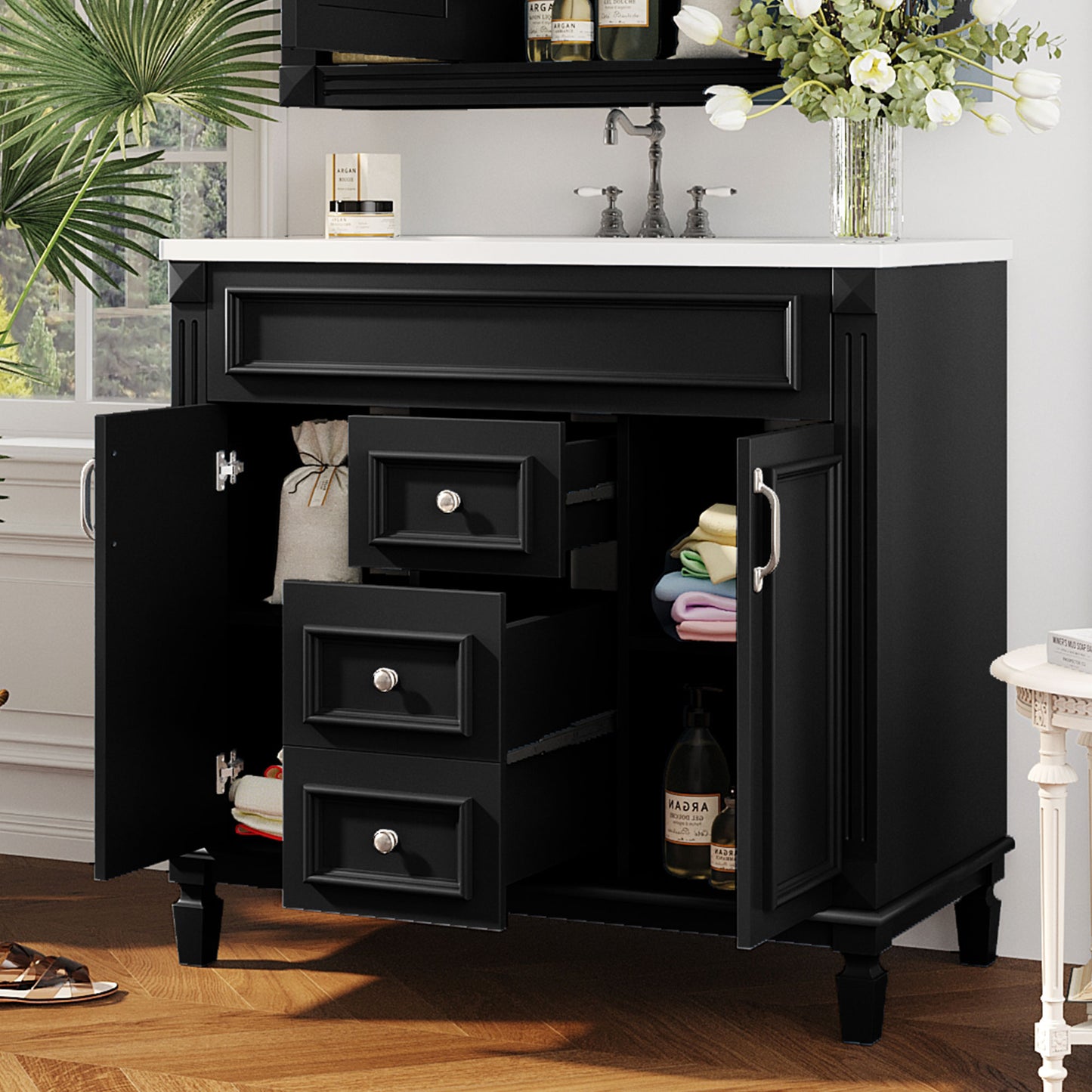 VanityFus 35.9-in Black Bathroom Vanity Single Sink Combo with Ceramic Top Undermount 2 Soft Close Doors 2 Drawers Adjustable Shelves