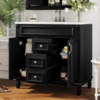 VanityFus 35.9-in Black Bathroom Vanity Single Sink Combo with Ceramic Top Undermount 2 Soft Close Doors 2 Drawers Adjustable Shelves