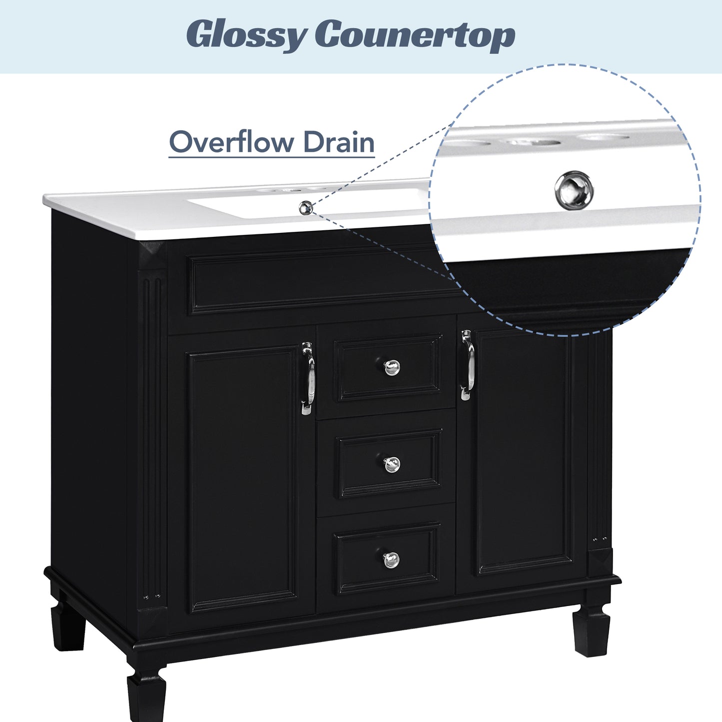VanityFus 35.9-in Black Bathroom Vanity Single Sink Combo with Ceramic Top Undermount 2 Soft Close Doors 2 Drawers Adjustable Shelves