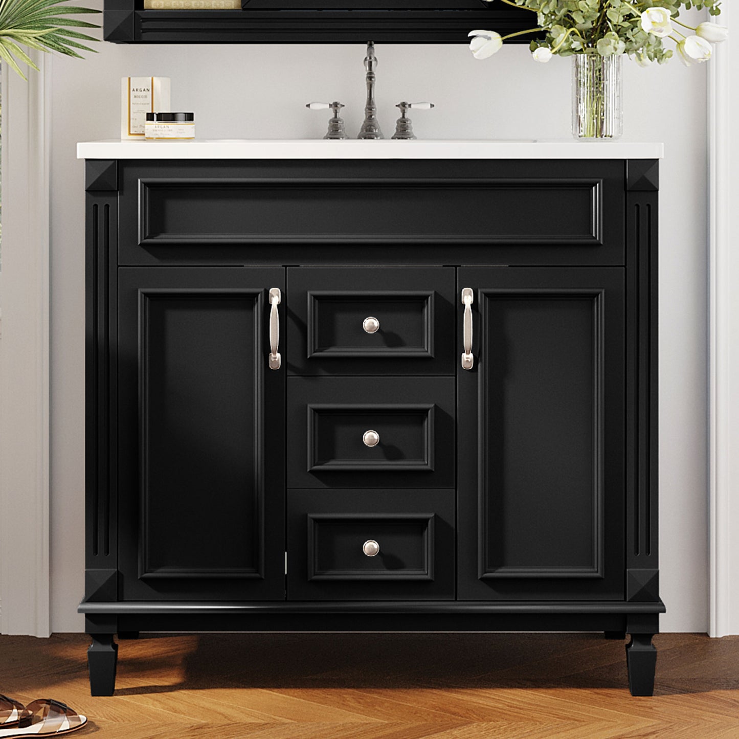 VanityFus 35.9-in Black Bathroom Vanity Single Sink Combo with Ceramic Top Undermount 2 Soft Close Doors 2 Drawers Adjustable Shelves