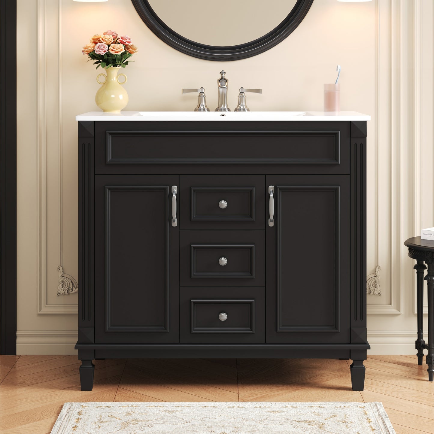 VanityFus 35.9-in Black Bathroom Vanity Single Sink Combo with Ceramic Top Undermount 2 Soft Close Doors 2 Drawers Adjustable Shelves