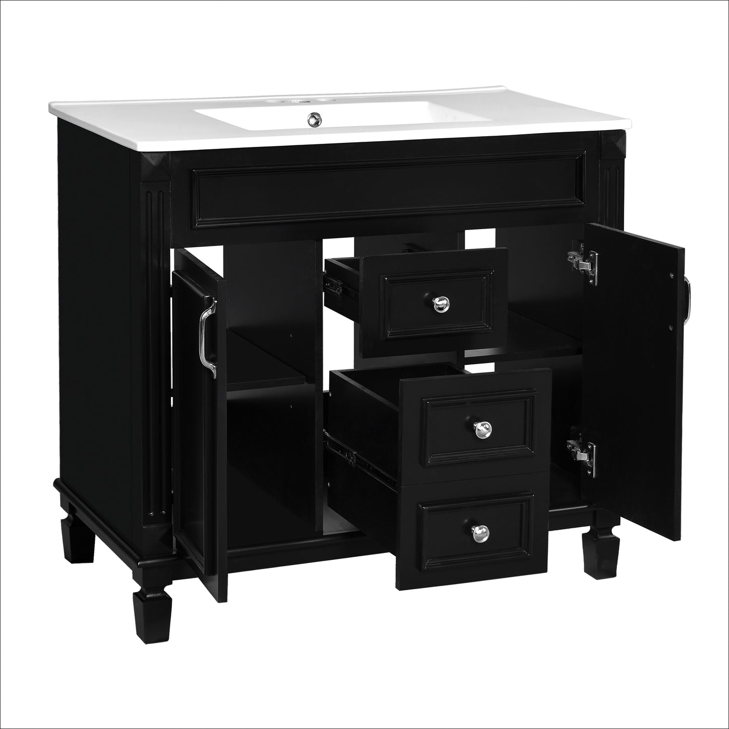 VanityFus 35.9-in Black Bathroom Vanity Single Sink Combo with Ceramic Top Undermount 2 Soft Close Doors 2 Drawers Adjustable Shelves
