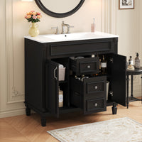 VanityFus 35.9-in Black Bathroom Vanity Single Sink Combo with Ceramic Top Undermount 2 Soft Close Doors 2 Drawers Adjustable Shelves