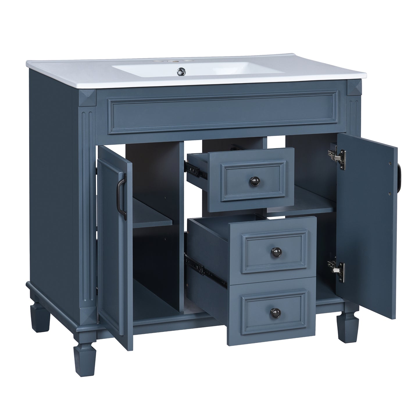 VanityFus 36-in Blue Bathroom Vanity Single Sink Combo with Ceramic Top Undermount 2 Soft Close Doors 2 Drawers Adjustable Shelves