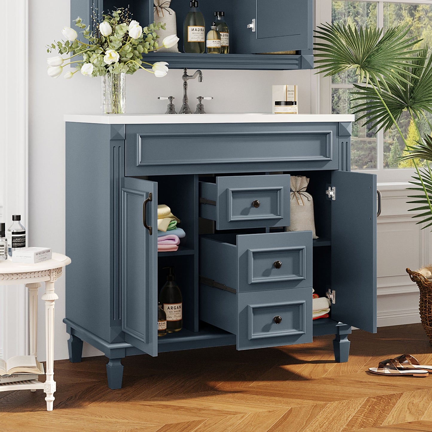 VanityFus 36-in Blue Bathroom Vanity Single Sink Combo with Ceramic Top Undermount 2 Soft Close Doors 2 Drawers Adjustable Shelves