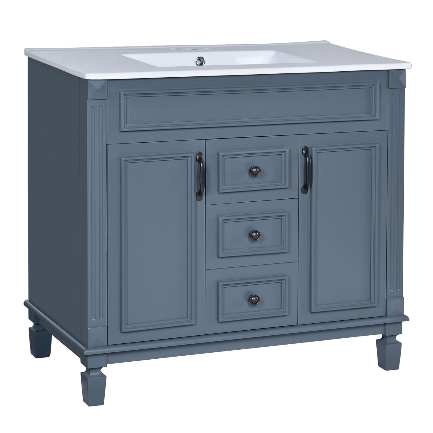 VanityFus 36-in Blue Bathroom Vanity Single Sink Combo with Ceramic Top Undermount 2 Soft Close Doors 2 Drawers Adjustable Shelves
