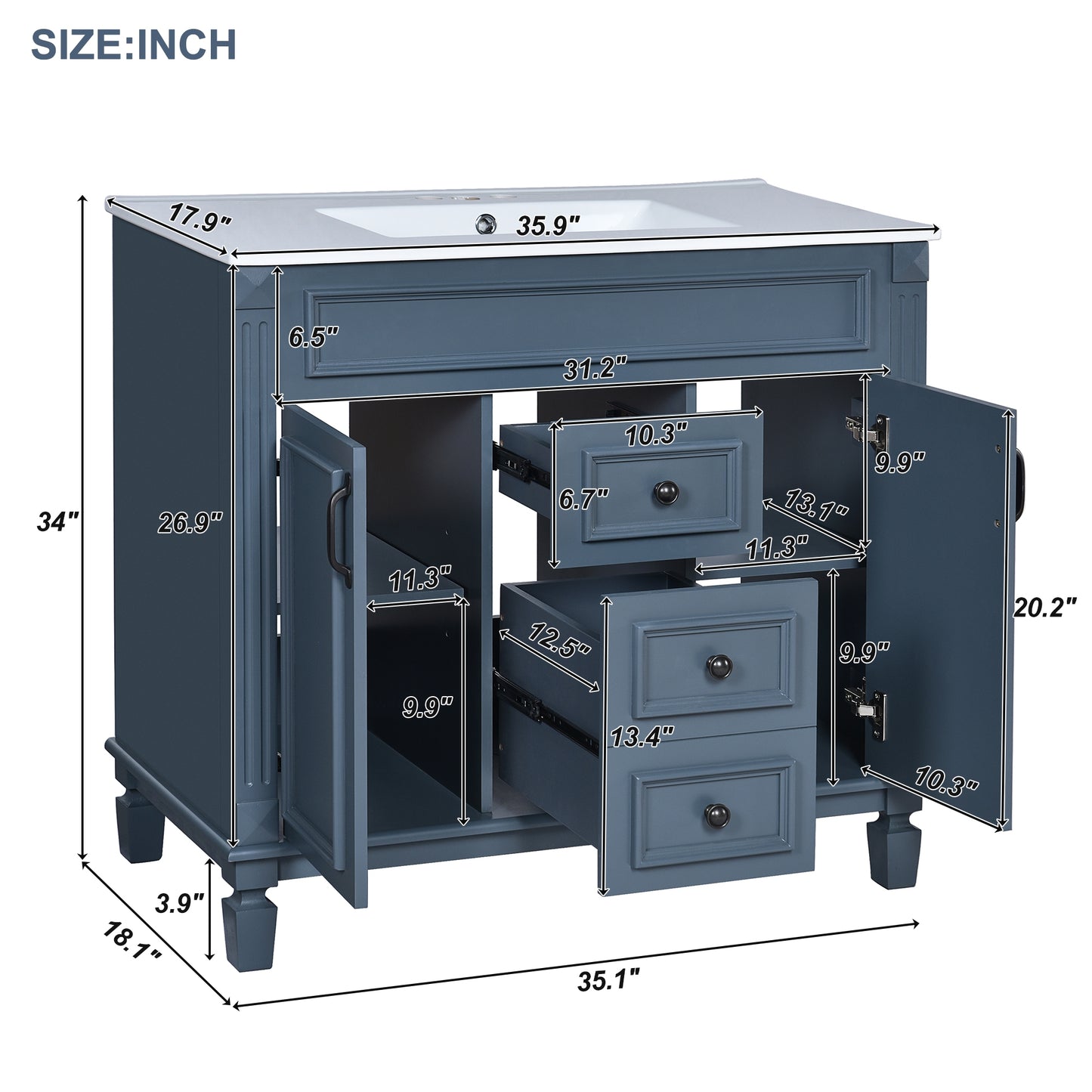 VanityFus 36-in Blue Bathroom Vanity Single Sink Combo with Ceramic Top Undermount 2 Soft Close Doors 2 Drawers Adjustable Shelves