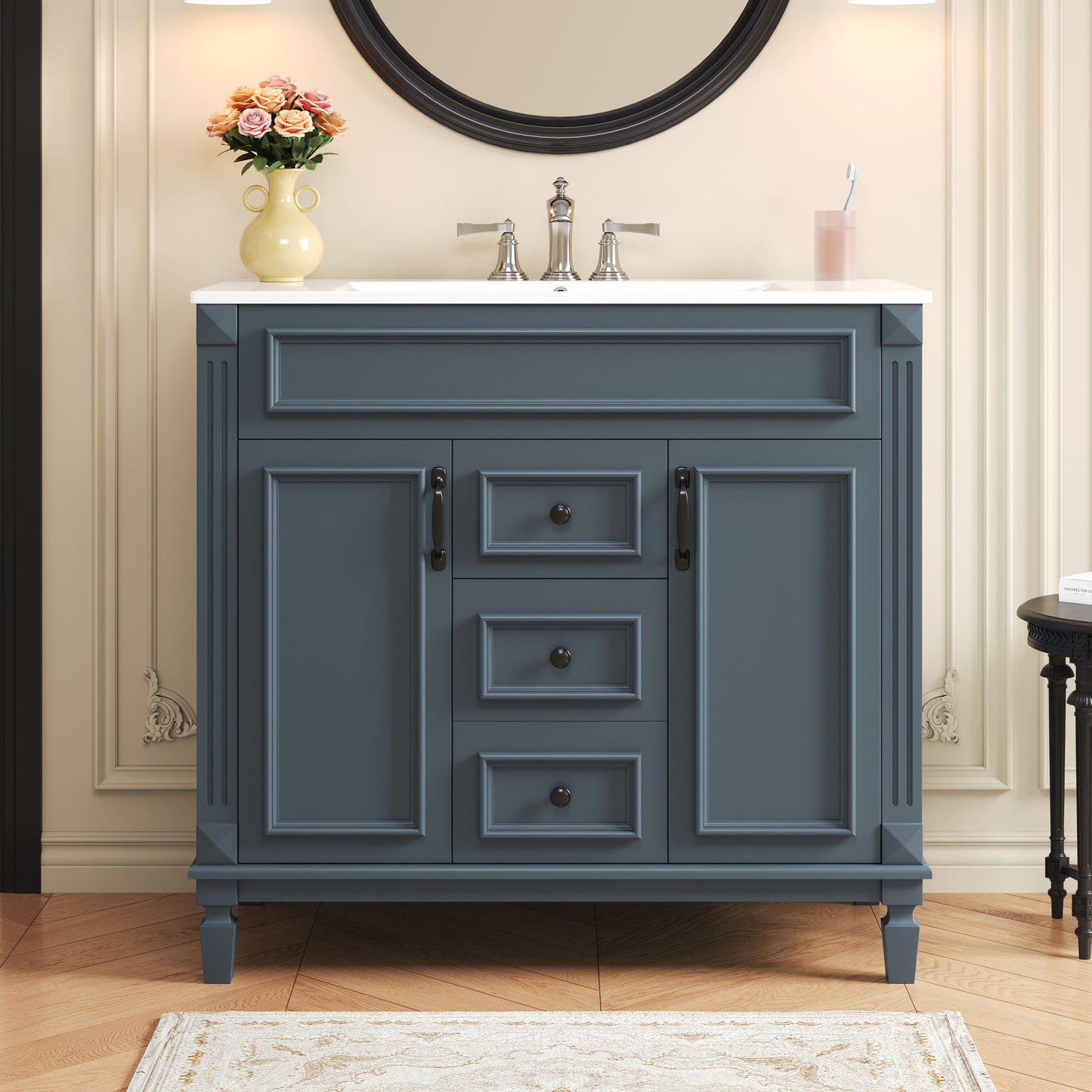 VanityFus 36-in Blue Bathroom Vanity Single Sink Combo with Ceramic Top Undermount 2 Soft Close Doors 2 Drawers Adjustable Shelves
