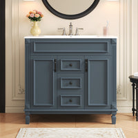 VanityFus 36-in Blue Bathroom Vanity Single Sink Combo with Ceramic Top Undermount 2 Soft Close Doors 2 Drawers Adjustable Shelves