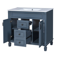 VanityFus 36-in Blue Bathroom Vanity Single Sink Combo with Ceramic Top Undermount 2 Soft Close Doors 2 Drawers Adjustable Shelves