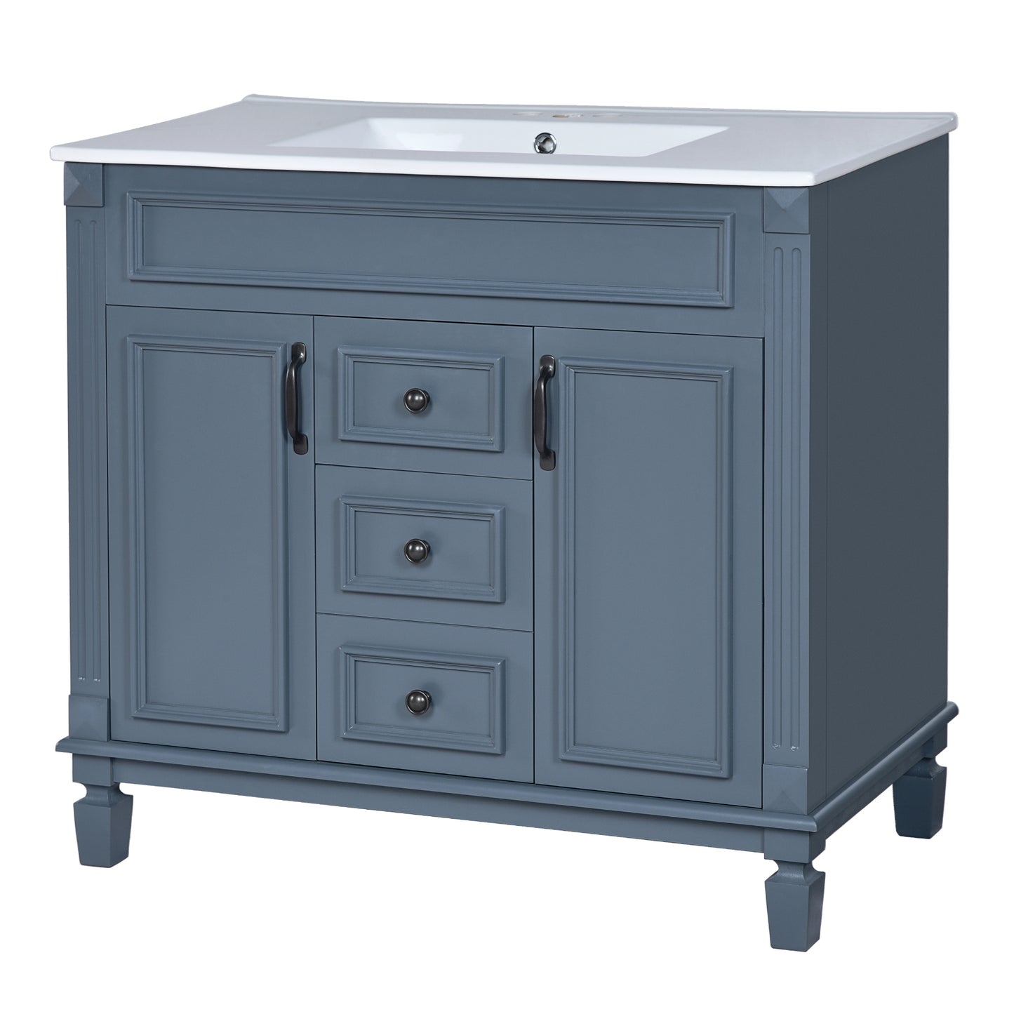 VanityFus 36-in Blue Bathroom Vanity Single Sink Combo with Ceramic Top Undermount 2 Soft Close Doors 2 Drawers Adjustable Shelves