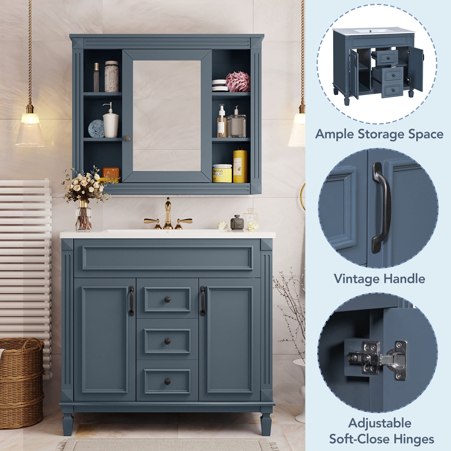 VanityFus 36-in Blue Bathroom Vanity Single Sink Combo with Ceramic Top Undermount 2 Soft Close Doors 2 Drawers Adjustable Shelves