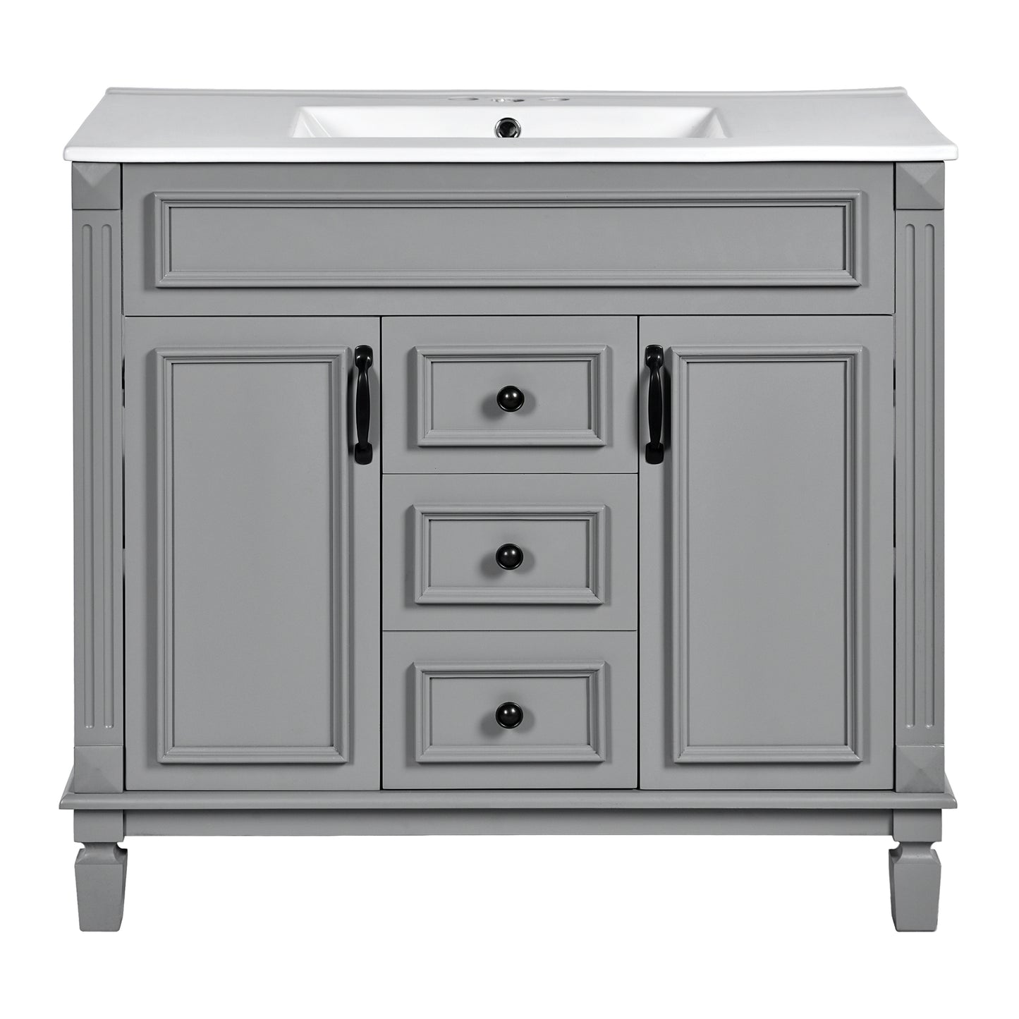 VanityFus 35.9-in Gray Bathroom Vanity Single Sink Combo with Ceramic Top Undermount 2 Soft Close Doors 2 Drawers Adjustable Shelves
