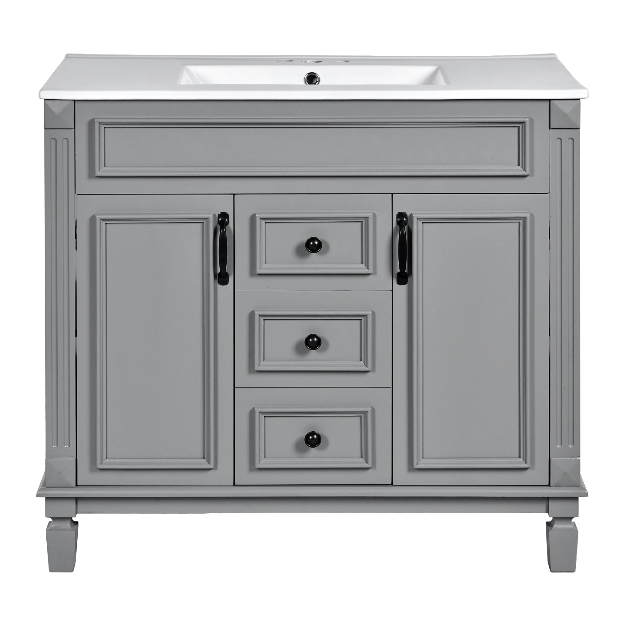 VanityFus 35.9-in Gray Bathroom Vanity Single Sink Combo with Ceramic Top Undermount 2 Soft Close Doors 2 Drawers Adjustable Shelves