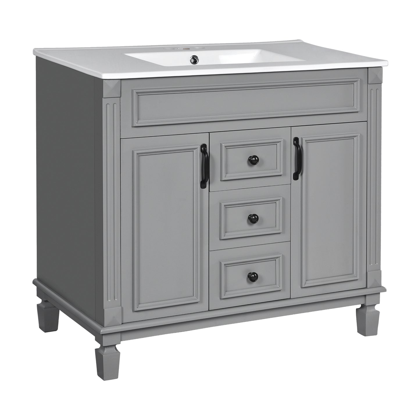 VanityFus 35.9-in Gray Bathroom Vanity Single Sink Combo with Ceramic Top Undermount 2 Soft Close Doors 2 Drawers Adjustable Shelves